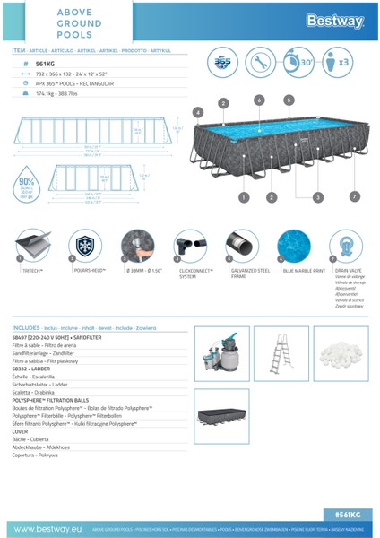 Apx 365™ 561KG Dikdörtgen Prefabrik Havuz Seti 7,32 M x 3,66 M x 1,32 M