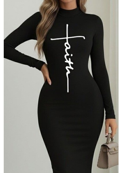 Kadın Uzun Kollu Boğazlı Baskı Detaylı Viskon Tam Boy Elbise fiyatları