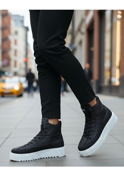 ET0811 Yüksek Beyaz Taban Siyah Paraşüt Kumaş Cilt Detaylı Yarım Bilek Spor Bot