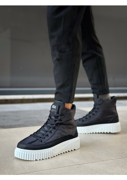 ET0811 Yüksek Beyaz Taban Siyah Paraşüt Kumaş Cilt Detaylı Yarım Bilek Spor Bot