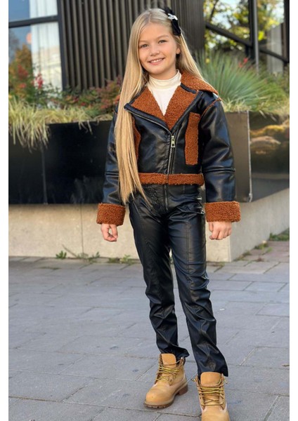 Kız Çocuk Kolları ve Yakası Peluş Detaylı Siyah Ceket Dik Yaka Kazak Deri Alt Üst Takım