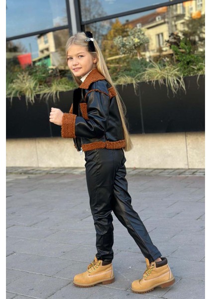 Kız Çocuk Kolları ve Yakası Peluş Detaylı Siyah Ceket Dik Yaka Kazak Deri Alt Üst Takım fiyatları