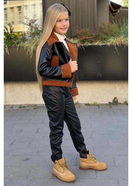 Kız Çocuk Kolları ve Yakası Peluş Detaylı Siyah Ceket Dik Yaka Kazak Deri Alt Üst Takım modelleri