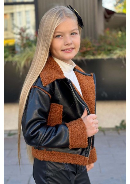 Kız Çocuk Kolları ve Yakası Peluş Detaylı Siyah Ceket Dik Yaka Kazak Deri Alt Üst Takım fırsatları