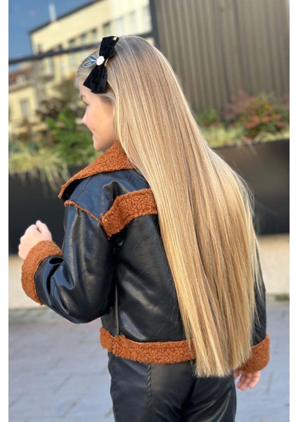 Kız Çocuk Kolları ve Yakası Peluş Detaylı Siyah Ceket Dik Yaka Kazak Deri Alt Üst Takım indirimleri