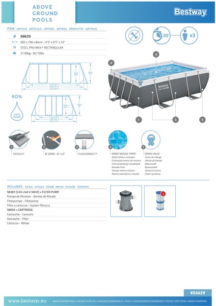 56629 Power Steel™ Prefabrik Dikdörtgen Yer Üstü Havuz Seti 2,82 M x 1,96 M x 84 cm