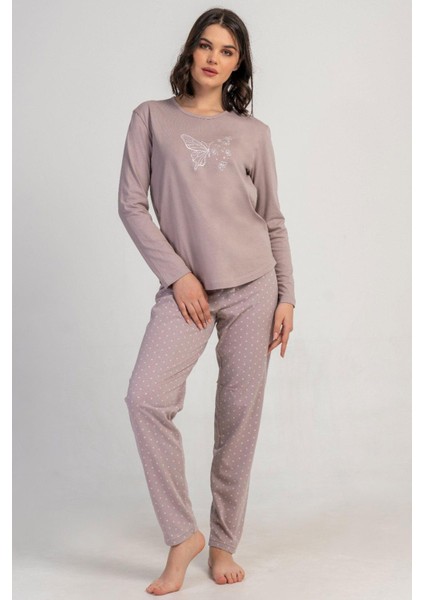 Kadın Büyük Beden Açık Kahve Renk Uzun Kollu Bisiklet Yaka Desenli Pijama Takımı C0T1N0305