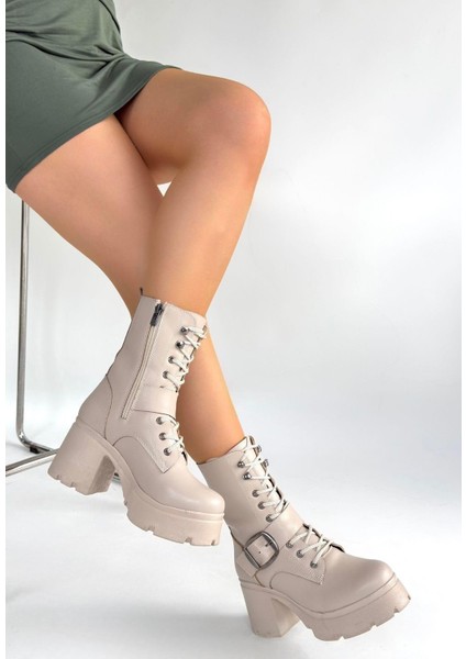 Linma Bej Cilt Bağcıklı Topuklu Bot modelleri