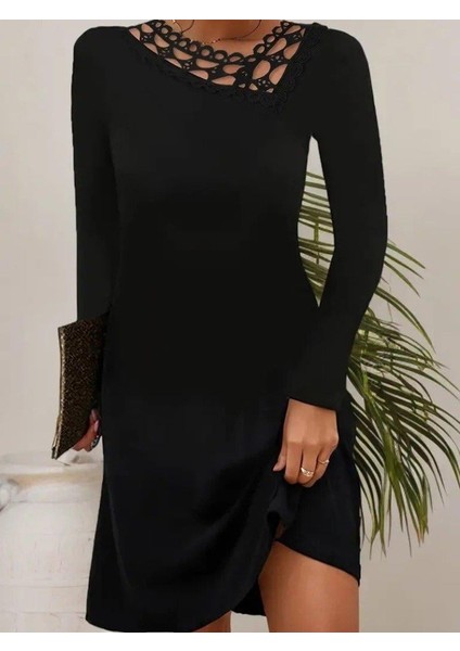 Kadın Uzun Kollu Dantel Yaka Ithal Krep Mini Elbise modelleri