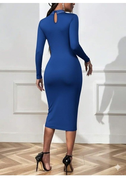 Kadın Uzun Kollu Balıkçı Yaka Taşlı Damla Detay Midi Ithal Krep Elbise modelleri