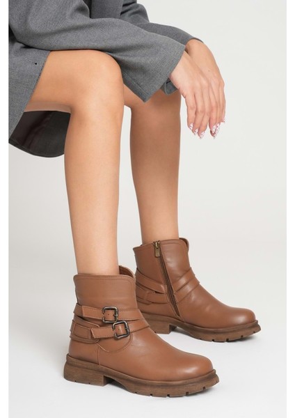 Kadın Hakiki Deri Tokalı Casual Bot - Ceviz