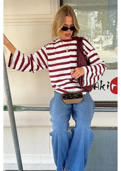 Ekru Çizgili Uzun Kollu Kadın T-Shirt MG2571