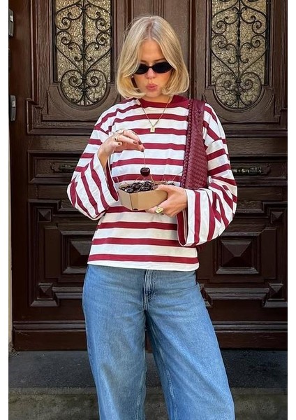 Ekru Çizgili Uzun Kollu Kadın T-Shirt MG2571 fiyatları