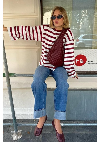 Ekru Çizgili Uzun Kollu Kadın T-Shirt MG2571 modelleri