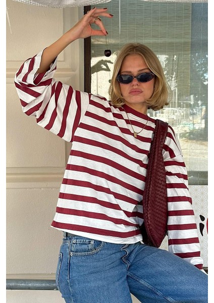 Ekru Çizgili Uzun Kollu Kadın T-Shirt MG2571 fırsatları