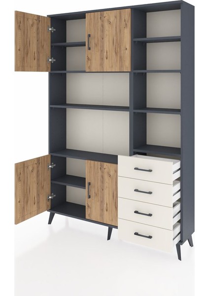Arges Dolap 9 Raflı 4 Çekmeceli 4 Kapaklı 132X30X195 Antrasit-Çam/aytaşı modelleri
