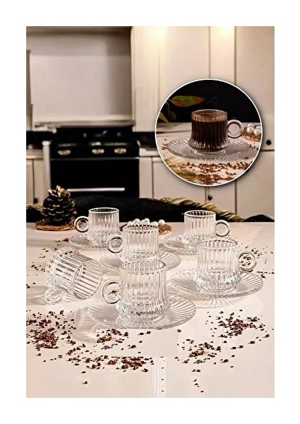 12 Parça Cam Origami Çizgi Desenli Fincan Seti Cam Tabaklı Çay Takımı 125CC