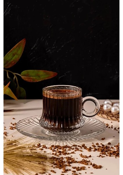 12 Parça Cam Origami Çizgi Desenli Fincan Seti Cam Tabaklı Çay Takımı 125CC modelleri