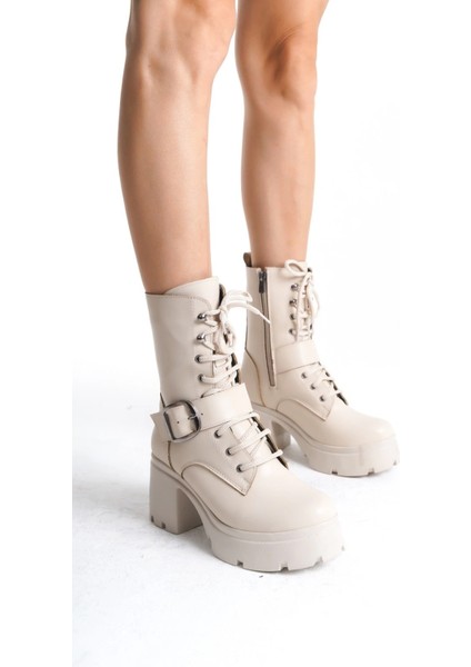 Linma Bej Cilt Bağcıklı Topuklu Bot