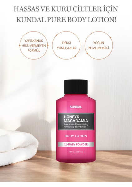 Nemlendirici ve Besleyici Vücut Losyonu Kundal Honey & Macadamia Pure Body Lotion 100ML Baby Powder