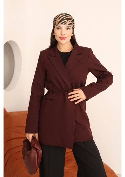 Kadın Vişne Bel Bağlamalı Blazer Ceket