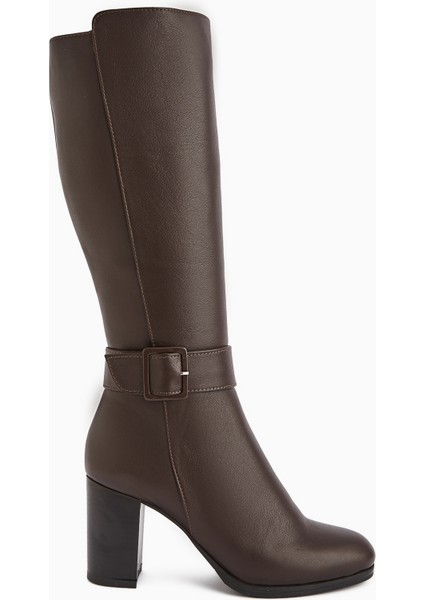 Jeen Hakiki Deri Kahve Topuklu Kadın Çizme