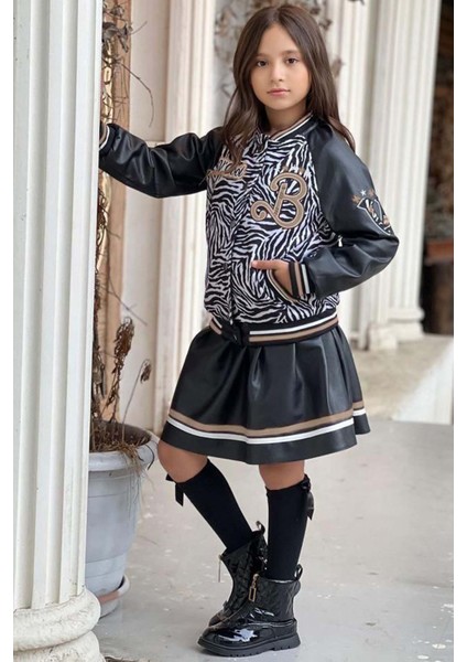 Kız Çocuk V Cool Yazı Baskılı Sweatshirt Zebra ve Gold Şerit Detaylı Deri Ceketli Etekli Takım