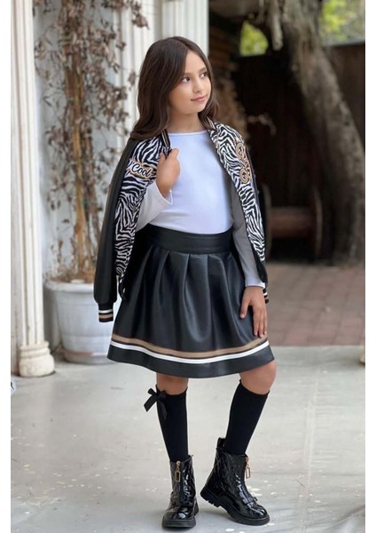 Kız Çocuk V Cool Yazı Baskılı Sweatshirt Zebra ve Gold Şerit Detaylı Deri Ceketli Etekli Takım fiyatları