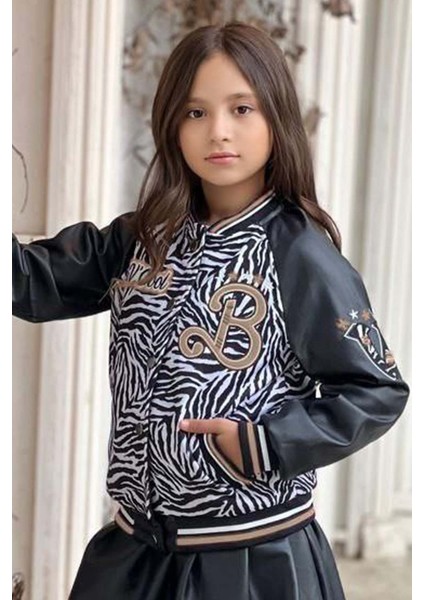 Kız Çocuk V Cool Yazı Baskılı Sweatshirt Zebra ve Gold Şerit Detaylı Deri Ceketli Etekli Takım fırsatları