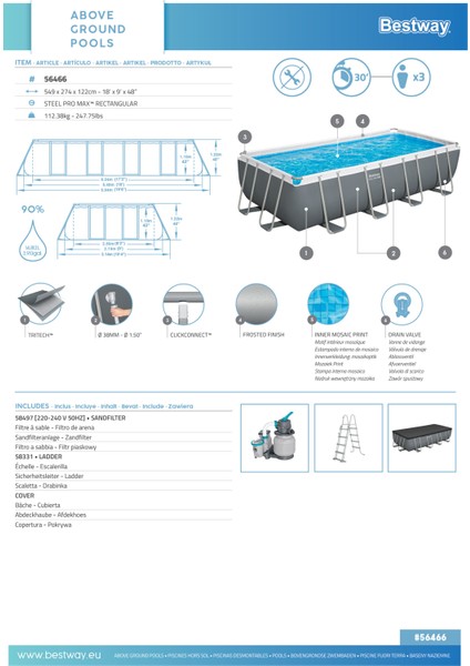 ® 56466 Power Steel™ Prefabrik Yer Üstü Havuz Seti 5,49 M x 2,74 M x 1,22 M