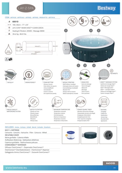 Lay-Z-Spa® Miami Airjet™ 6001D Enerji Tasarruflu Şişme Spa Havuzu,4-6 Kişilik