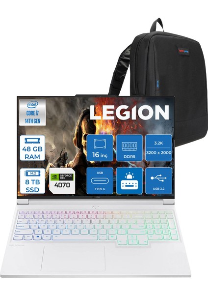 Legion 7 16IRX9 Intel Core I7 14700HX 48GB Ddr5 8tb SSD Freedos RTX4070 8gb Gddr6 16 Inç 3.2k (3200X2000) IPS 430NITS 165Hz Taşınabilir Bilgisayar 83FD005KTRF30 + Zetta Çanta