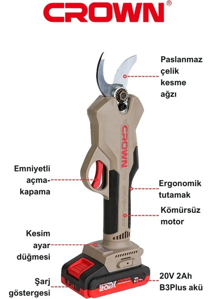 Akülü Dal Budama Makası 20V-2AH CT29001HX-2 Tb Çift Akülü Şarjlı Dal Budama Makinesi
