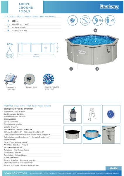 56574 Hydrium™ Çelik Duvarlı Prefabrik Yer Üstü Havuz Seti 3,66 M x 1,22 M