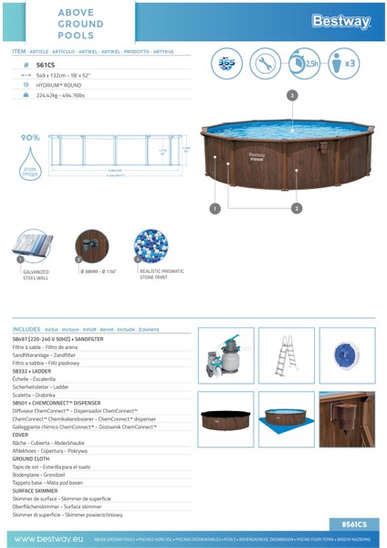 Bestway® 561CS Hydrium™ Çelik Duvarlı Yerüstü Havuz Seti 5,49 M x 1,32 M