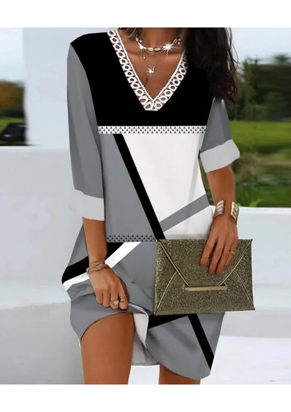Kadın Fakir Kollu V Dantel Yaka Geometrik Desenli Dalgıç Elbise fiyatları