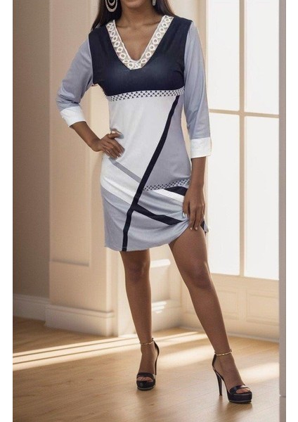 Kadın Fakir Kollu V Dantel Yaka Geometrik Desenli Dalgıç Elbise