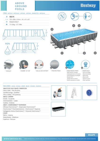 56475 Power Steel™ Prefabrik Yer Üstü Havuz Seti 7,32 M x 3,66 M x 1,32 M