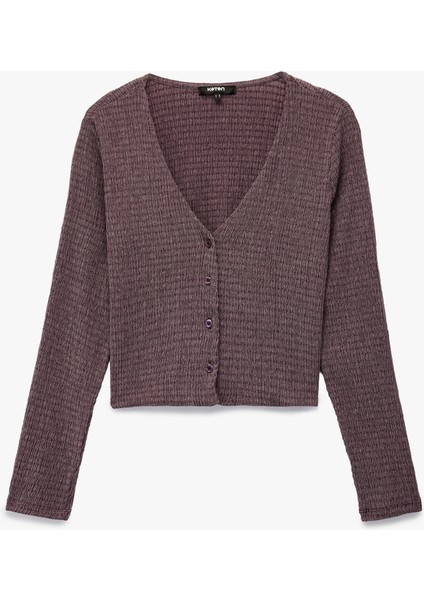 Bürümcük Kumaş Slim Fit Uzun Kollu V Yaka Düğmeli Bluz