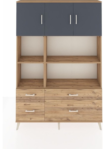 Arges Dolap 8 Raflı 4 Çekmeceli 3 Kapaklı 132X30X195 Çam-Antrasit/çam