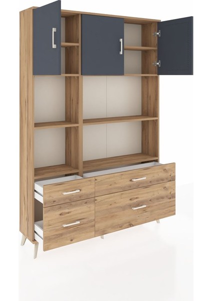 Arges Dolap 8 Raflı 4 Çekmeceli 3 Kapaklı 132X30X195 Çam-Antrasit/çam indirimleri