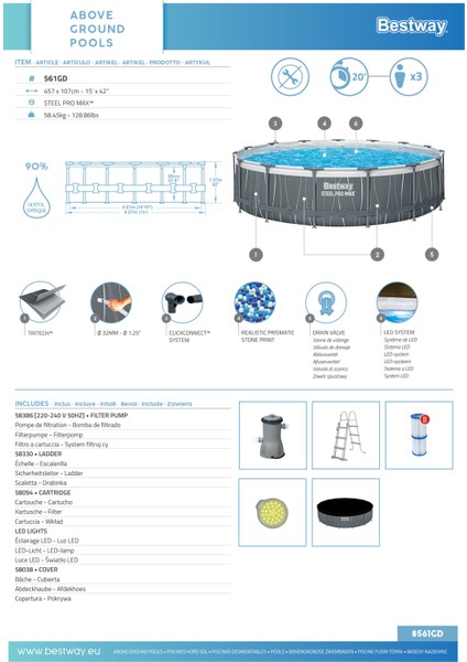 561GD Steel Pro Max™ LED Işıklandırmalı Prefabrik Yer Üstü Çember Havuz Seti 4.57 M x 1.07 M