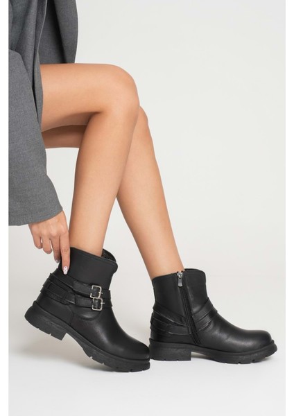 Kadın Hakiki Deri Tokalı Casual Bot - Siyah