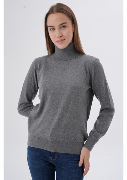 Kadın Koyu Gri %100 Organik Pamuk Balıkçı Yaka Triko Kazak TRIST-6103