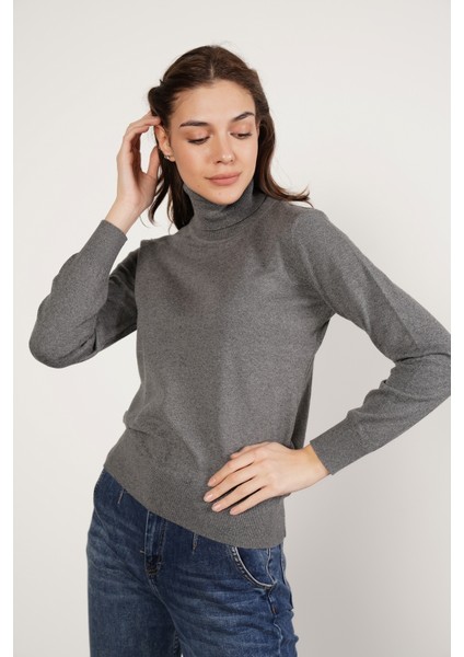 Kadın Koyu Gri %100 Organik Pamuk Balıkçı Yaka Triko Kazak TRIST-6103