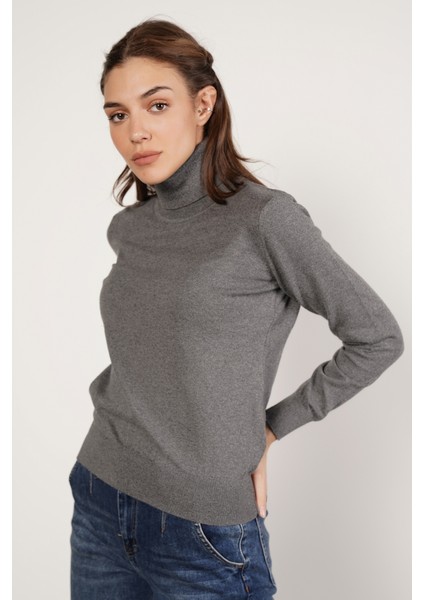 Kadın Koyu Gri %100 Organik Pamuk Balıkçı Yaka Triko Kazak TRIST-6103 modelleri