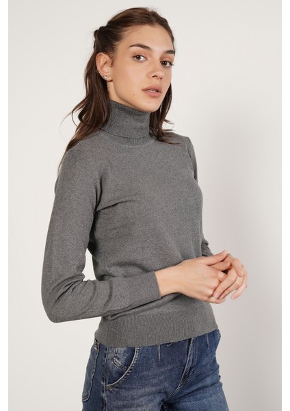Kadın Koyu Gri %100 Organik Pamuk Balıkçı Yaka Triko Kazak TRIST-6103 fırsatları