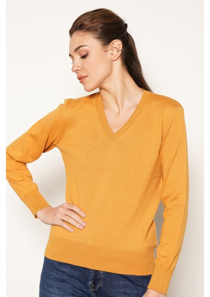 Kadın Hardal %100 Organik Pamuk V Yaka Triko Kazak Bluz TRIST-6102