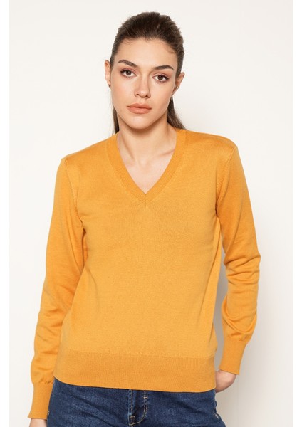 Kadın Hardal %100 Organik Pamuk V Yaka Triko Kazak Bluz TRIST-6102 fiyatları