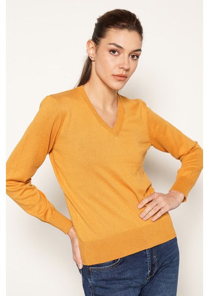 Kadın Hardal %100 Organik Pamuk V Yaka Triko Kazak Bluz TRIST-6102 modelleri
